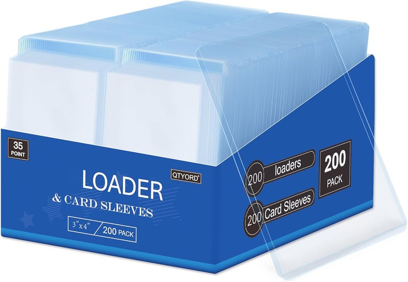 QTYORD 400Pcs Loaders for Cards (200Pcs Hard Plastic Card Holders & 200Pcs Penny Card Sleeves) 3" x 4", Card Protector Sleeves for Baseball Football Sports Cards, Trading Cards Blue - Image 1